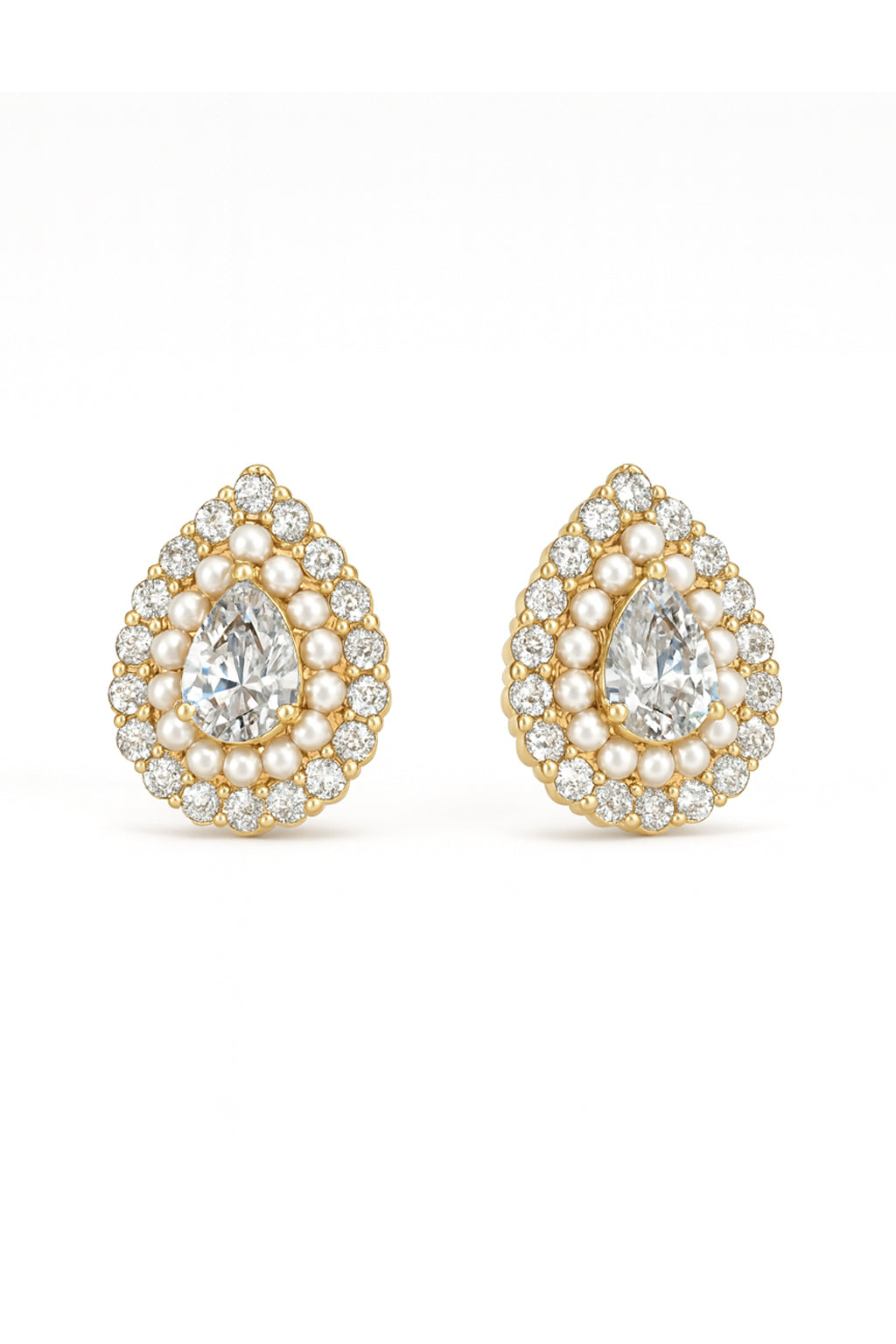 Jewello Adorable gold-plated drop shape with shimmering stone and pearl stud chain pendant, earring and finger ring set for women and girls.