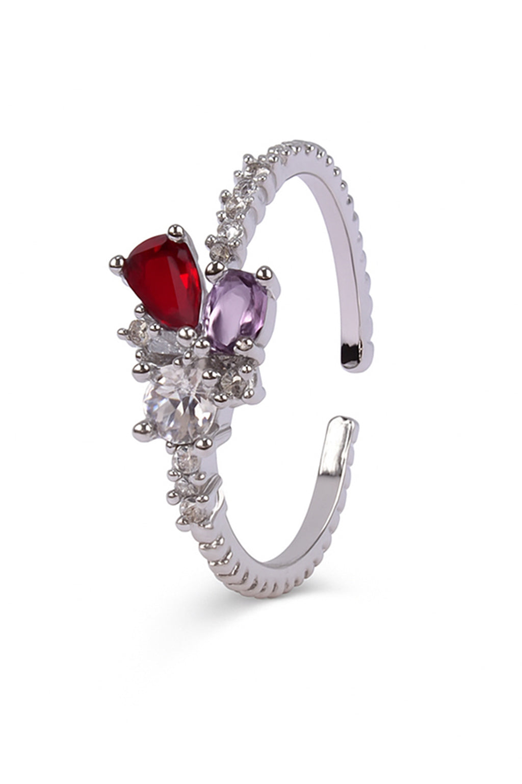 Jewello fascinating silver plated and studded red, purple shimmering stone American diamond Adjustable finger ring for women and girls.