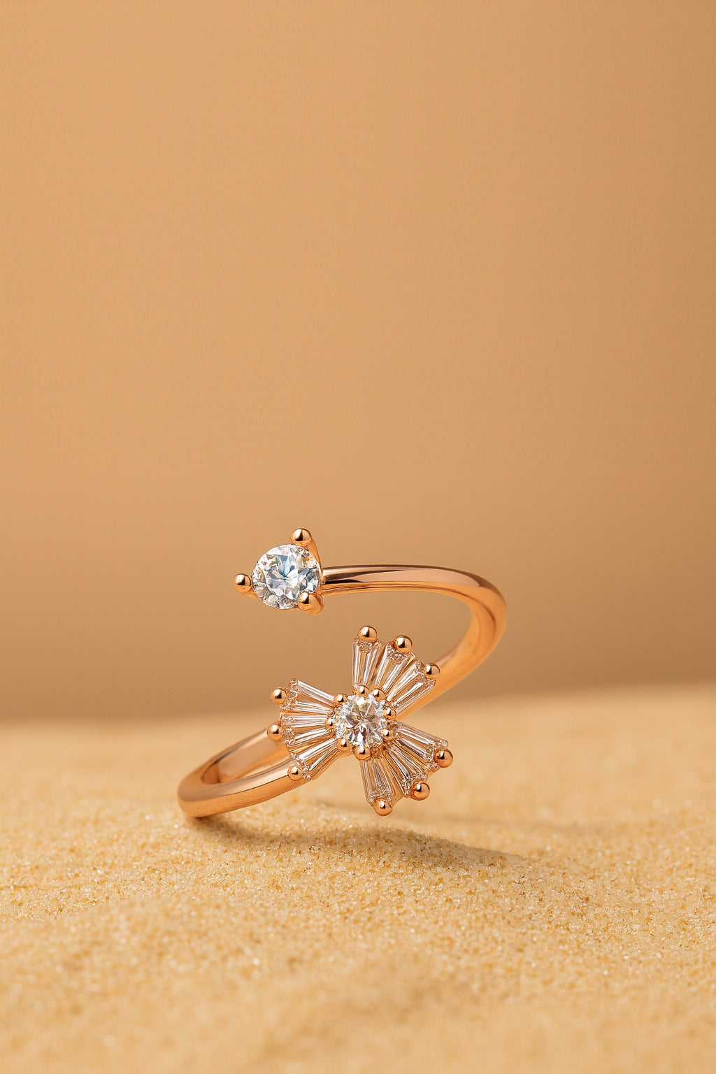Jewello delightful rose gold-plated floral design studded shimmering white stone Adjustable finger ring for women and girls.