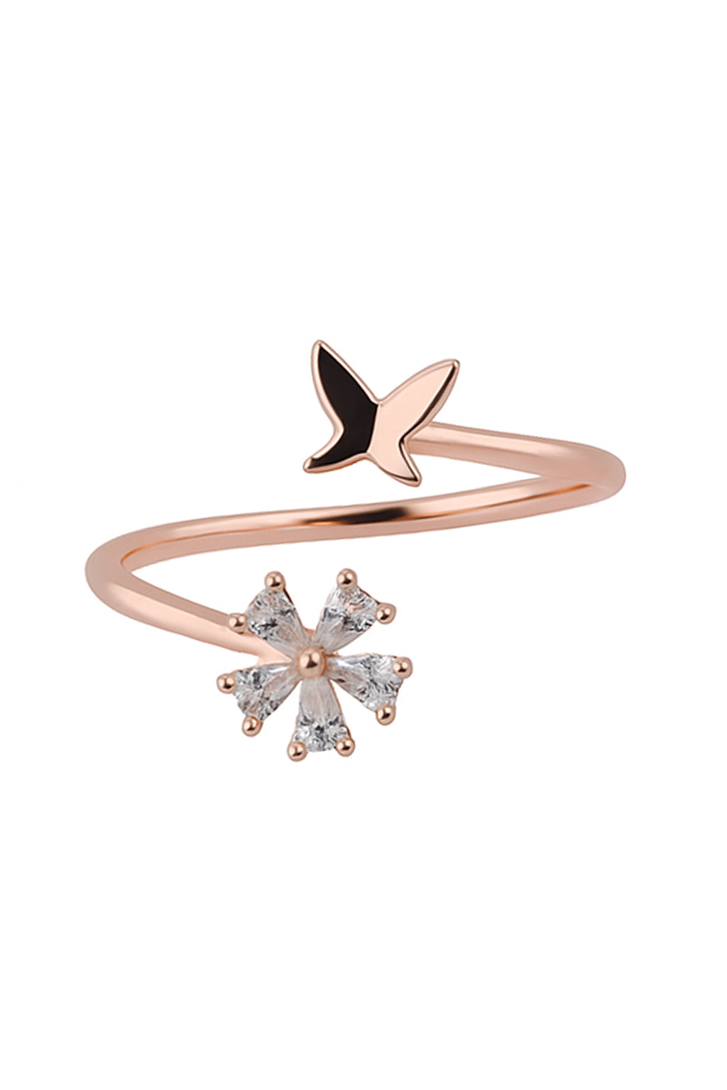 Jewello gracefully rose gold plated floral design and studded shimmering white diamond Adjustable finger ring for women and girls.