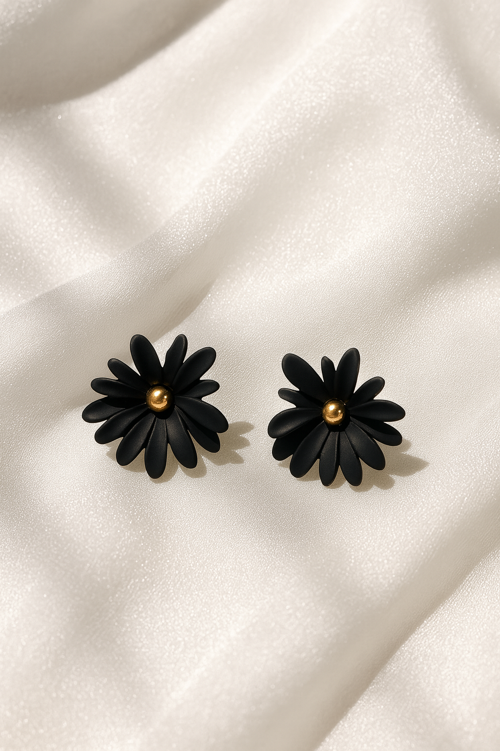 Jewello classic black flower design with golden bead stud dainty korean earring for women and girls. Gift for her.