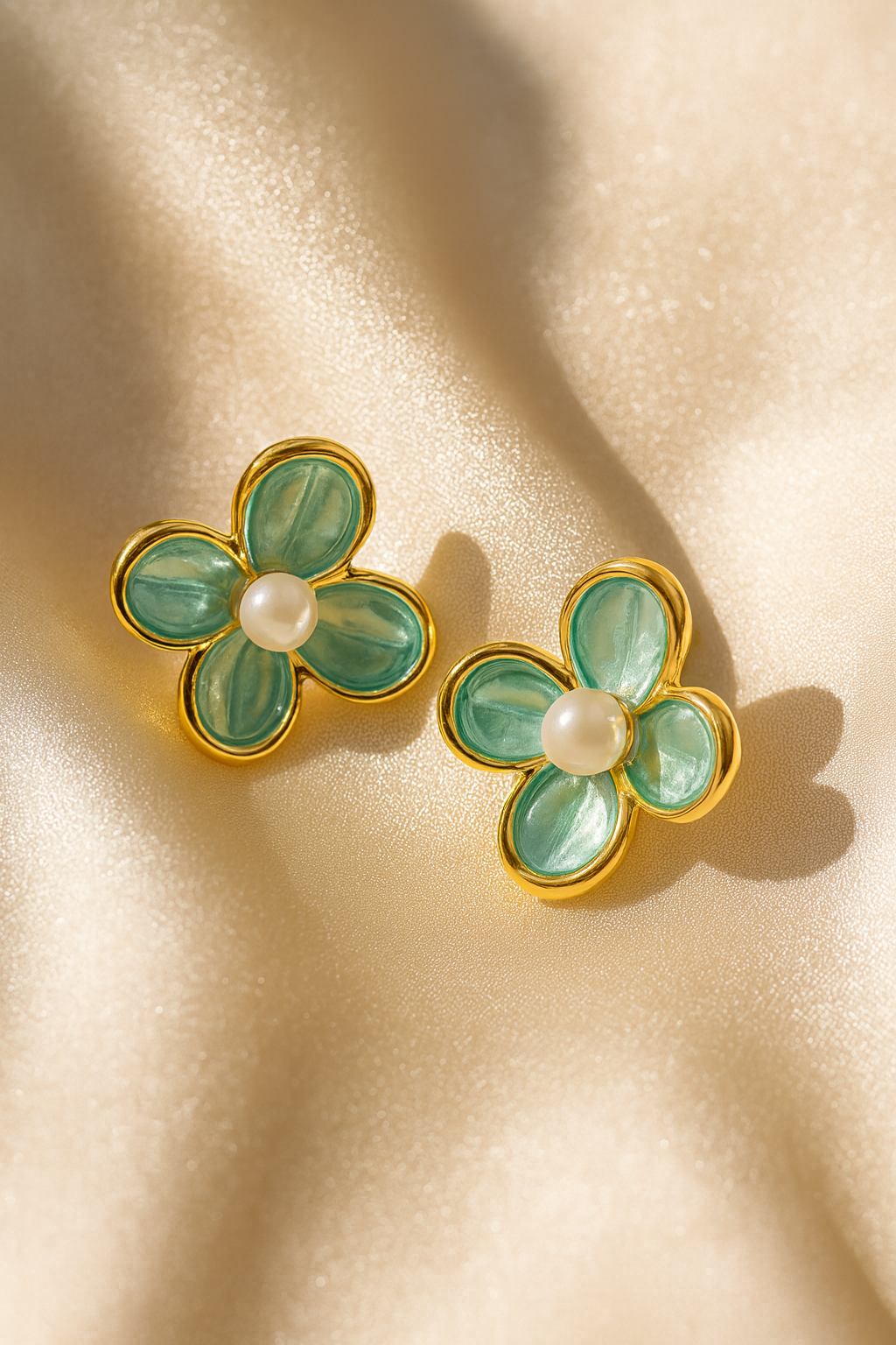 Jewello fancy gold plated flower design with pearl bead stud dainty anti tarnish Korean earring for women and girls.