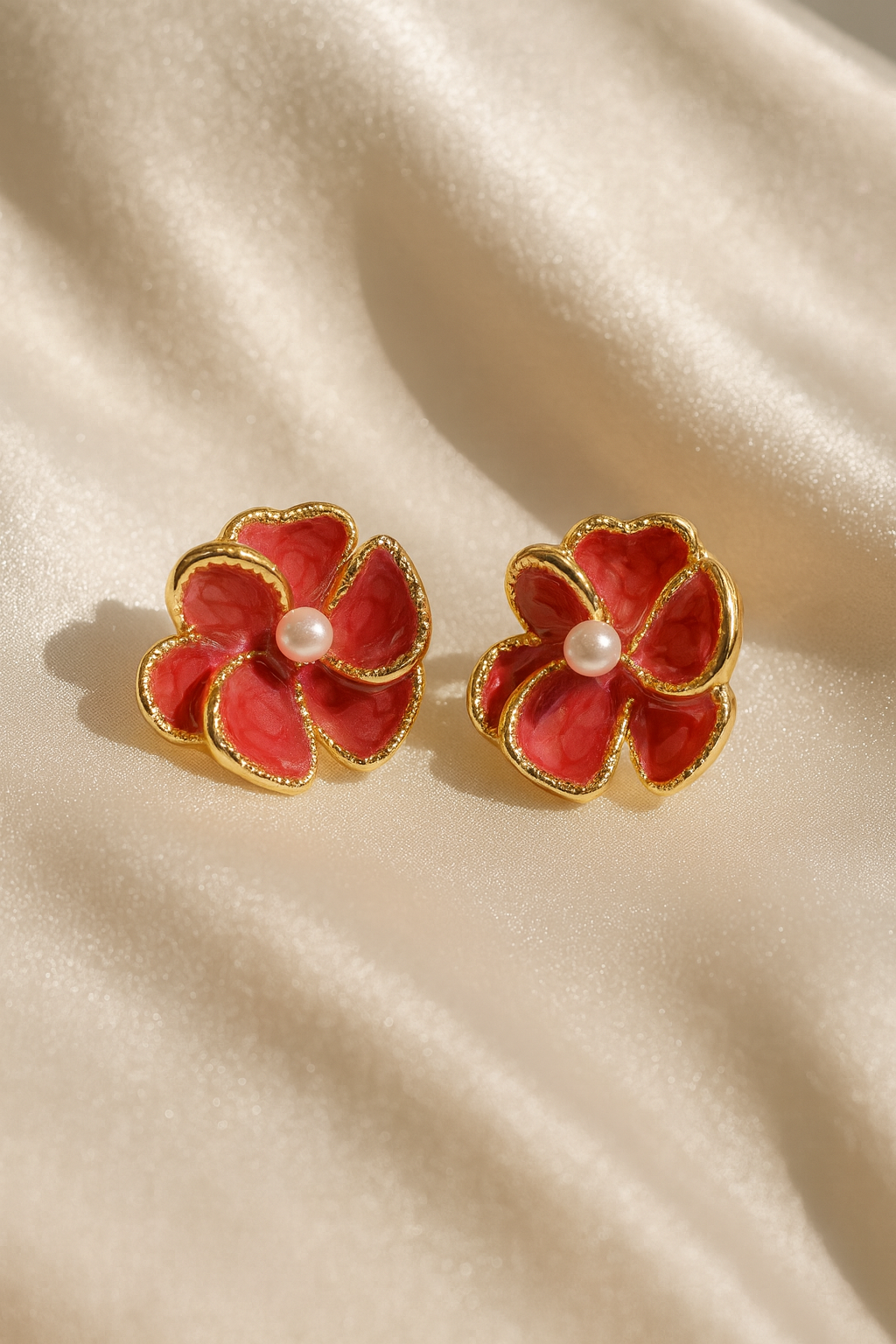 Jewello charming gold-plated flower design with red stone stud dainty Korean earring for women and girls.