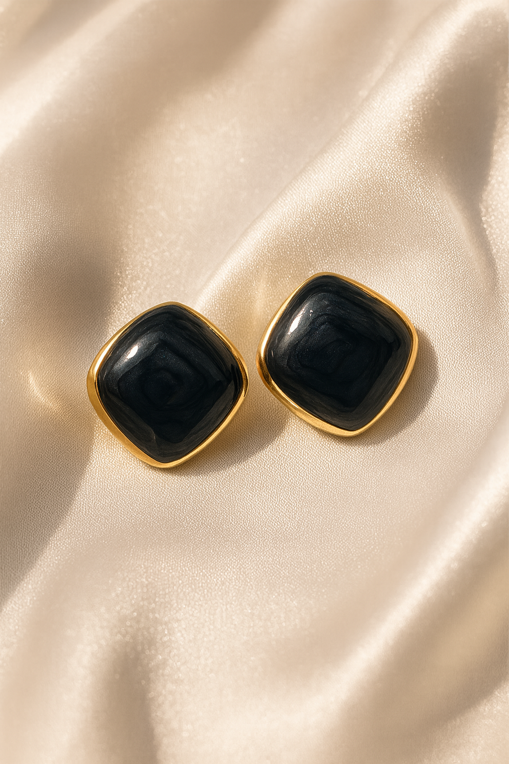 Jewello fashionable gold-plated square design black stone stud dainty Korean earring for women and girls.