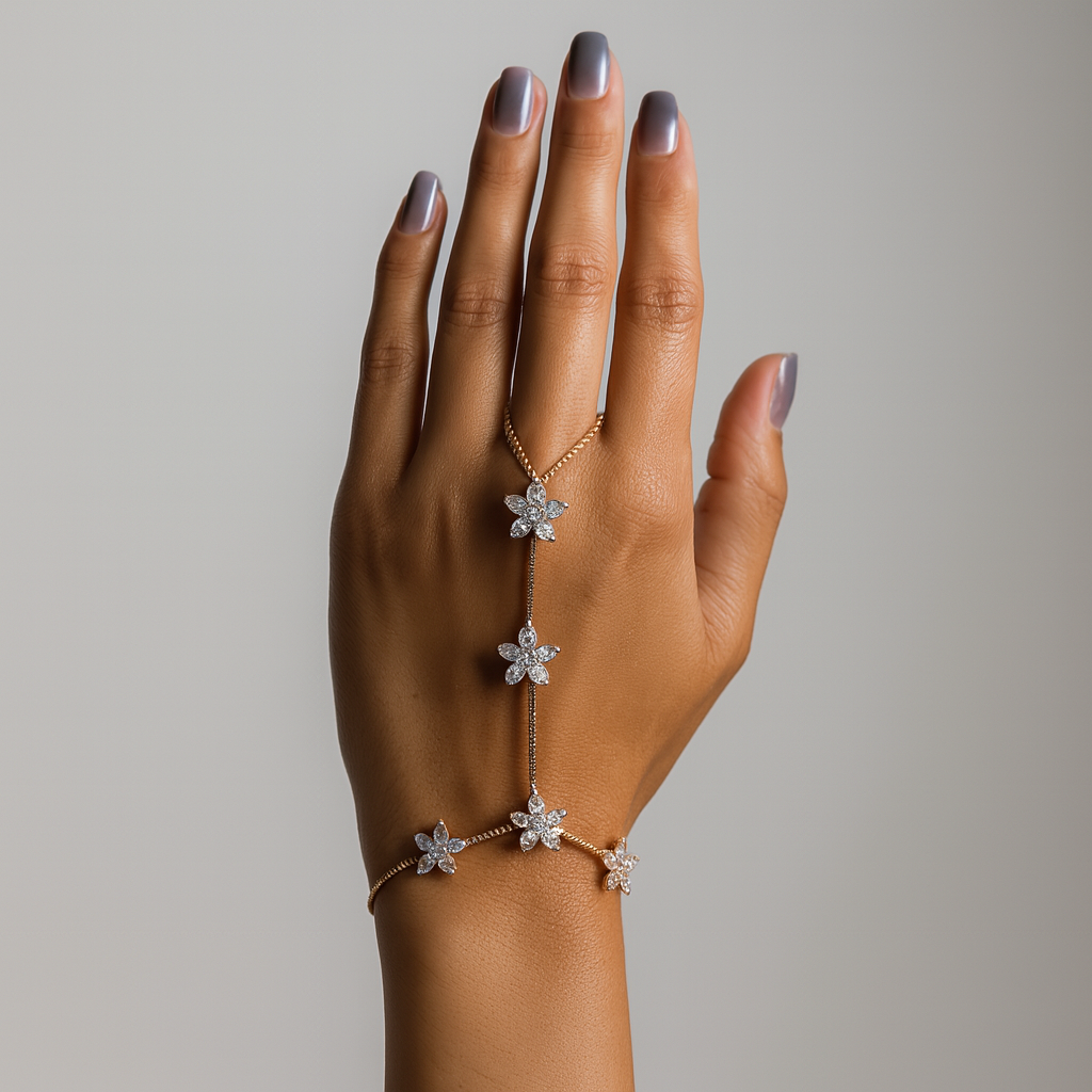 Jewello fashionable silver-plated floral design with shimmering white stone stud hath Phool, Panja, Adjustable hand chain bracelet for women and girls.