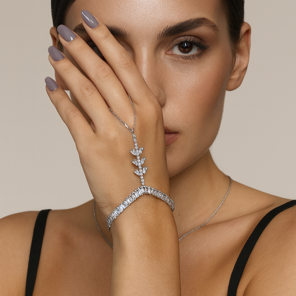 Jewello stylish oxidise silver plated with shimmering white stone stud hath Phool, Panja, Adjustable hand chain bracelet for women and girls.