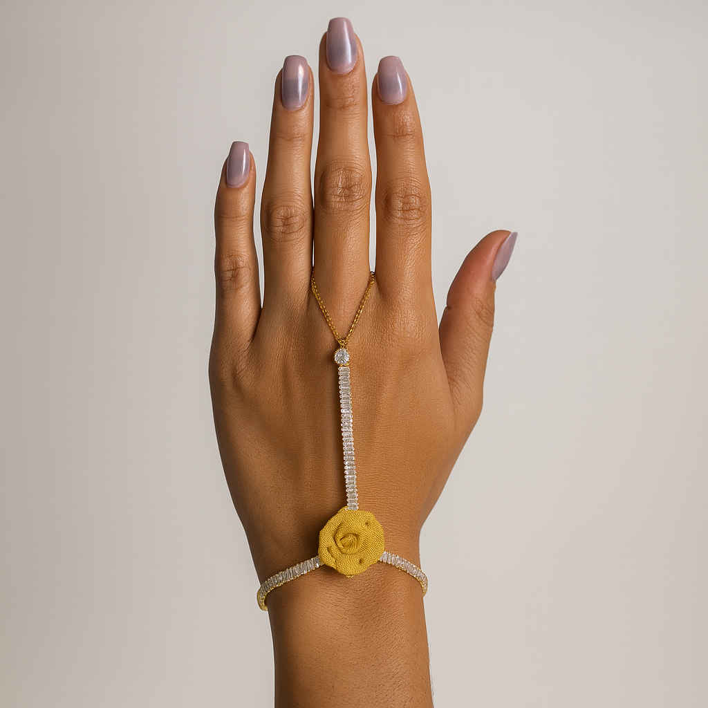 Jewello delicate gold-plated floral design with shimmering white stone stud hath Phool, Panja, Adjustable hand chain bracelet for women and girls.