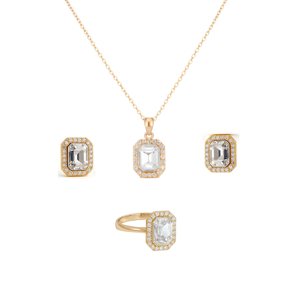 Jewello elegant gold plated with shimmering white stone stud chain pendant, set for women and girls.