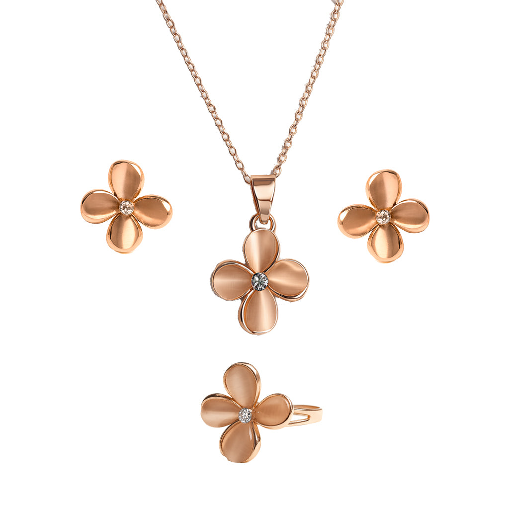 Jewello fashionable rose gold plated floral design with light white stone stud chain pendant set for women and girls.