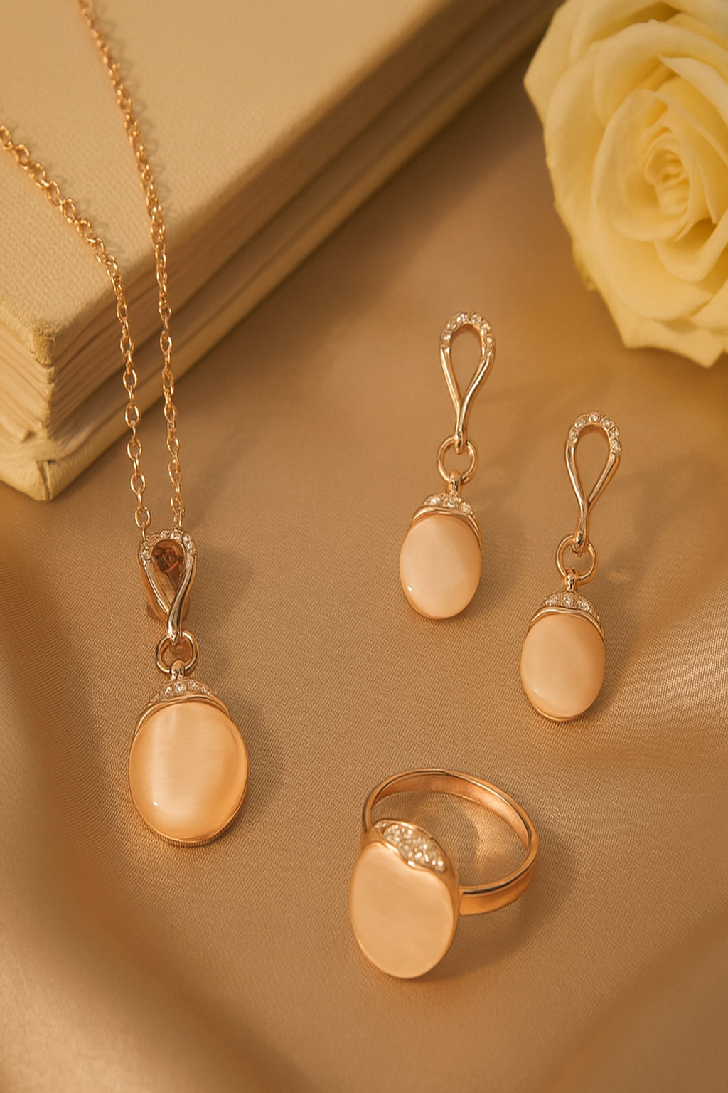 Jewello delicate rose gold plated with shimmering white stone stud pendant chain set for women and girls.