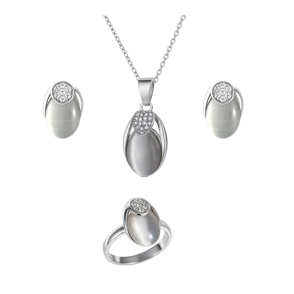 Jewello stylish silver-plated oval shape design with white stone stud chain pendant set for women and girls.