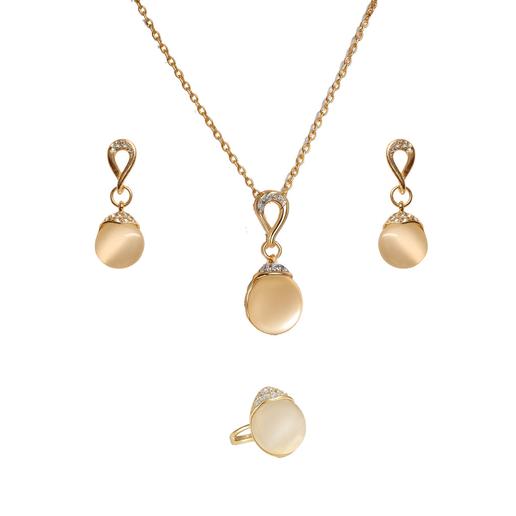 Jewello elegant gold plated with white stone stud earring, finger ring, chain pendant set for women and girls.
