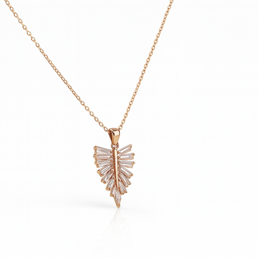 Jewello fancy rose gold plated with shimmering white stone stud pendant chain set for women and girls.