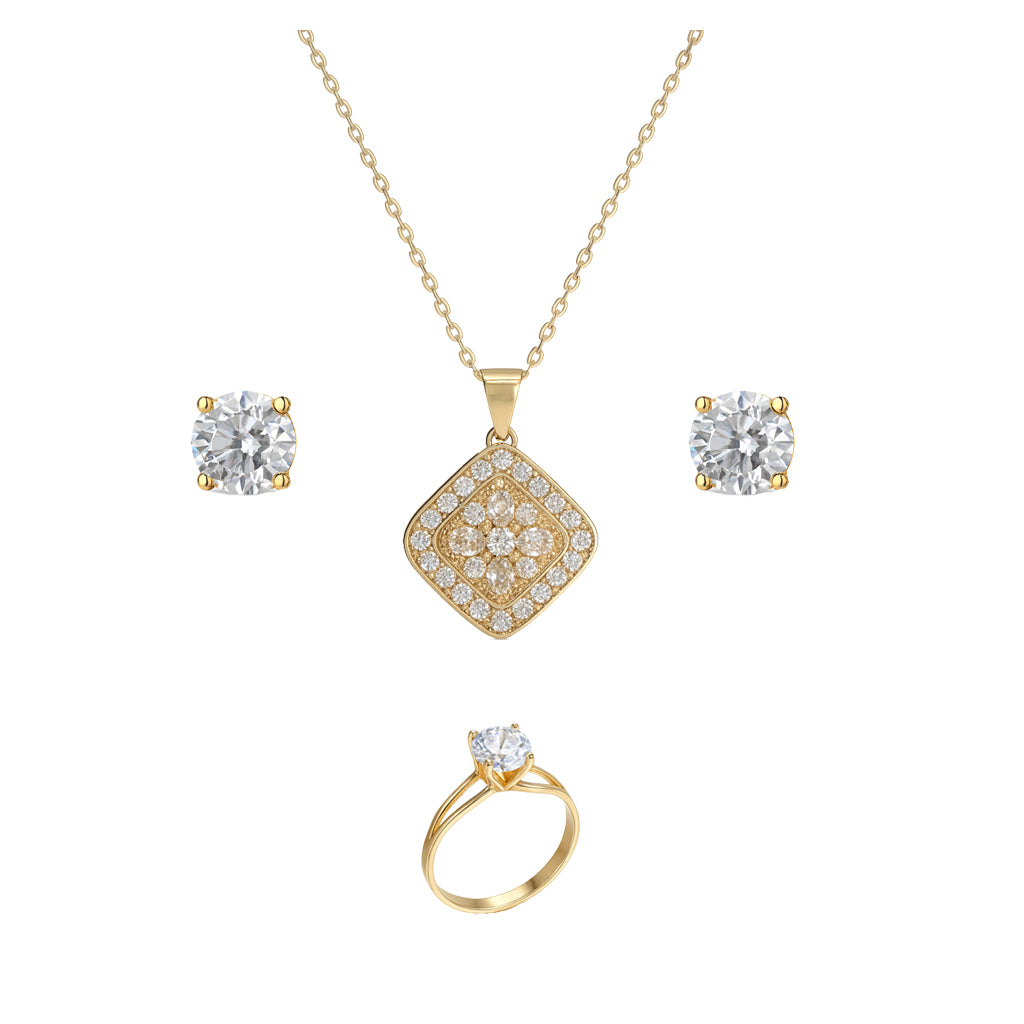Jewello delicate gold-plated square design with shimmering American diamond stud pendant chain set for women and girls.