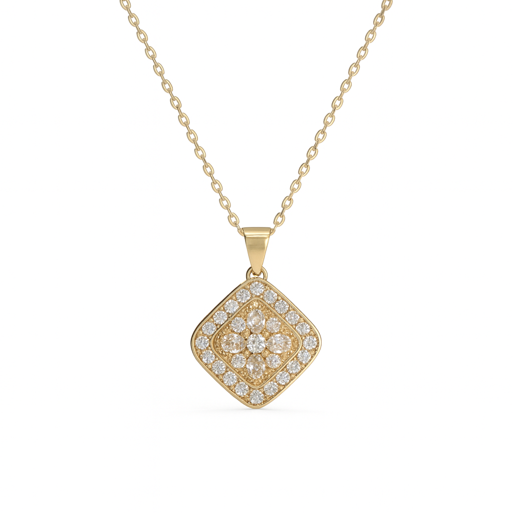 Jewello delicate gold-plated square design with shimmering American diamond stud pendant chain set for women and girls.