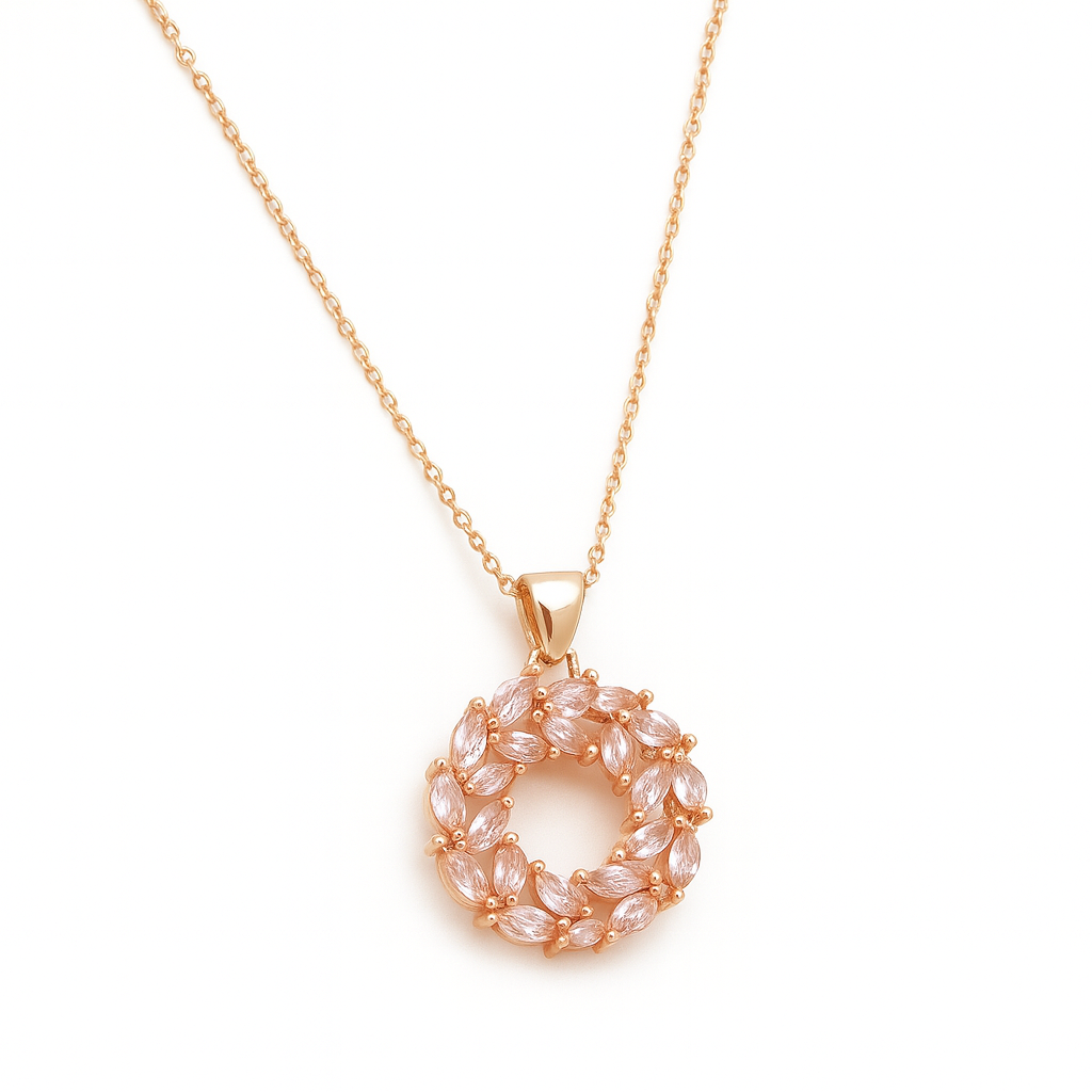 Jewello elegant rose gold plated with shimmering American diamond stud chain pendant set for women and girls.
