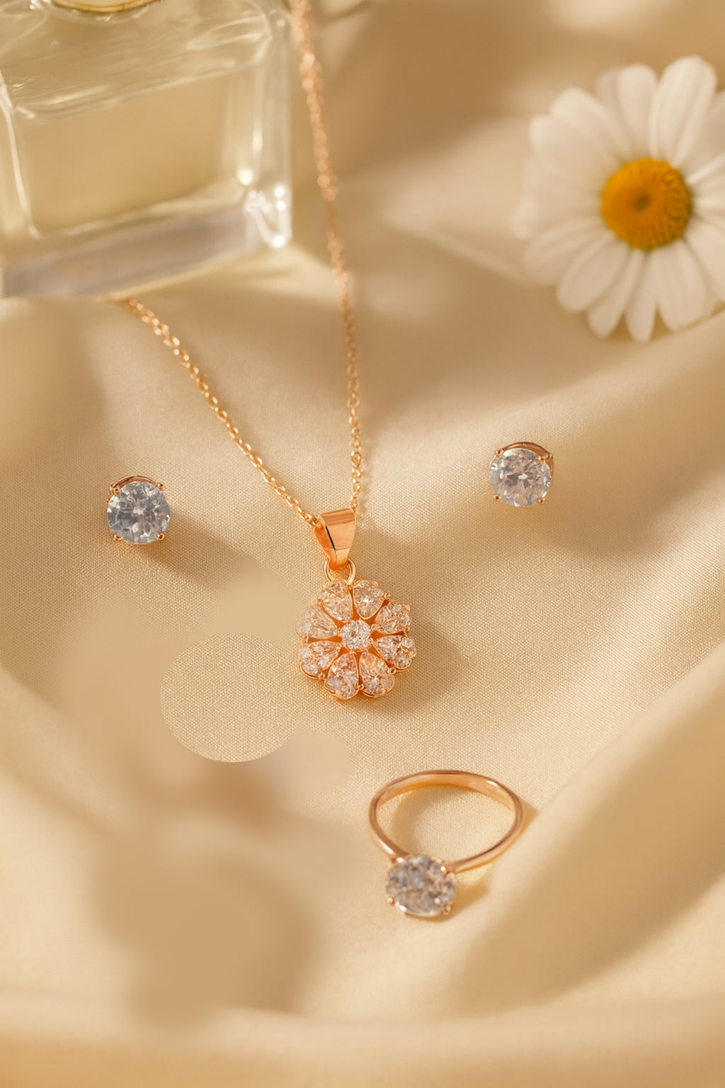 Jewello delicate rose gold-plated floral design with American diamond stud chain pendant set for women and girls.