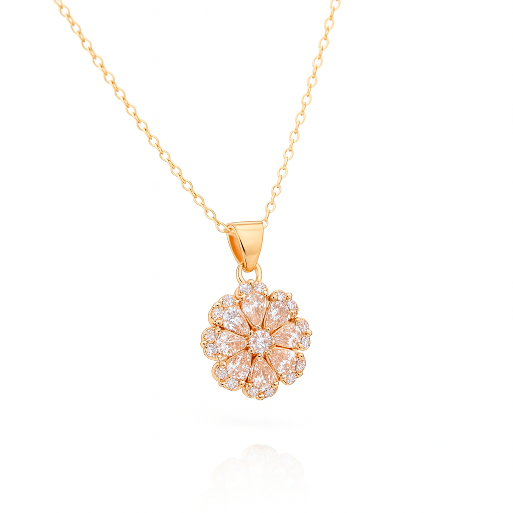 Jewello delicate rose gold-plated floral design with American diamond stud chain pendant set for women and girls.