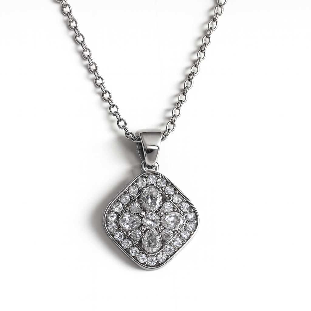 Jewello trendy silver-plated square design with shimmering white stone stud pendant chain set for women and girls.