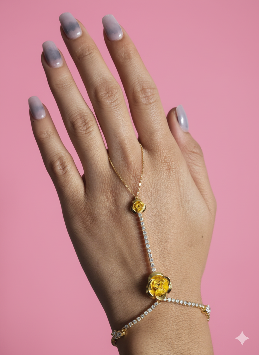 Jewello fancy gold-plated floral design with shimmering white stone stud hath Phool, Panja, Adjustable hand chain bracelet for women and girls.