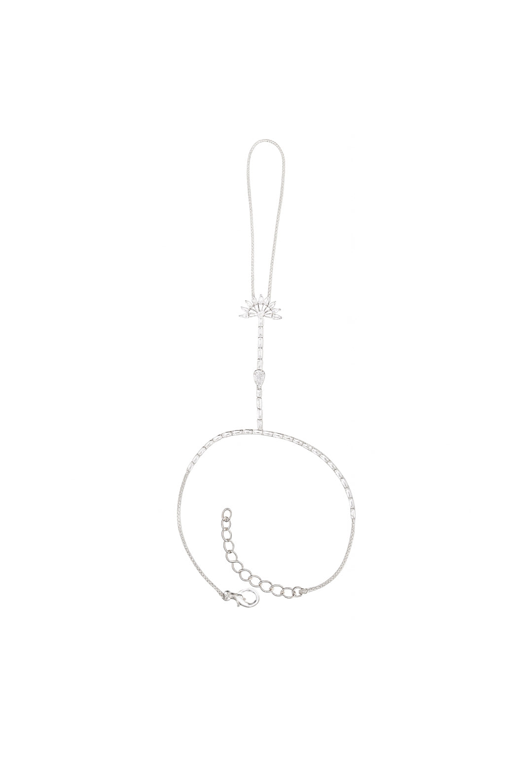 Jewello fancy silver plated with shimmering white stone stud hath Phool, hand chain bracelet, Adjustable hand chain bracelet for women and girls.