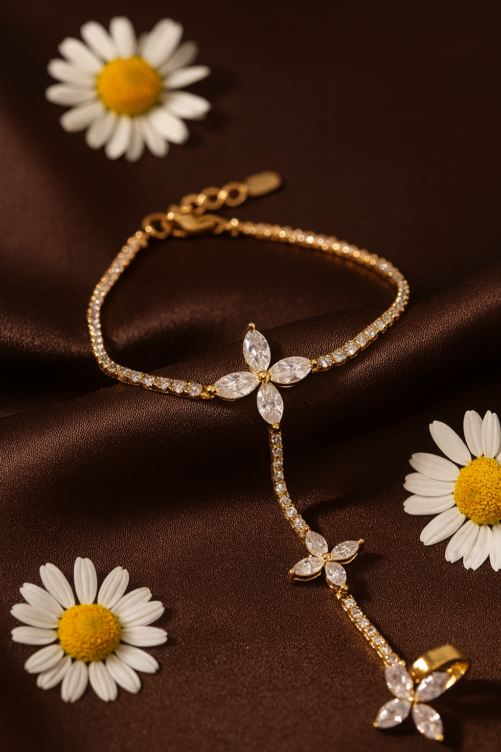 Jewello delicate rose gold-plated floral design with shimmering white stone stud hath Phool, Panja, adjustable hand chain bracelet and finger ring for women and girls.