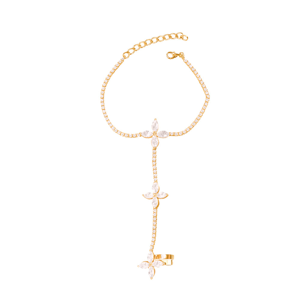Jewello delicate rose gold-plated floral design with shimmering white stone stud hath Phool, Panja, adjustable hand chain bracelet and finger ring for women and girls.