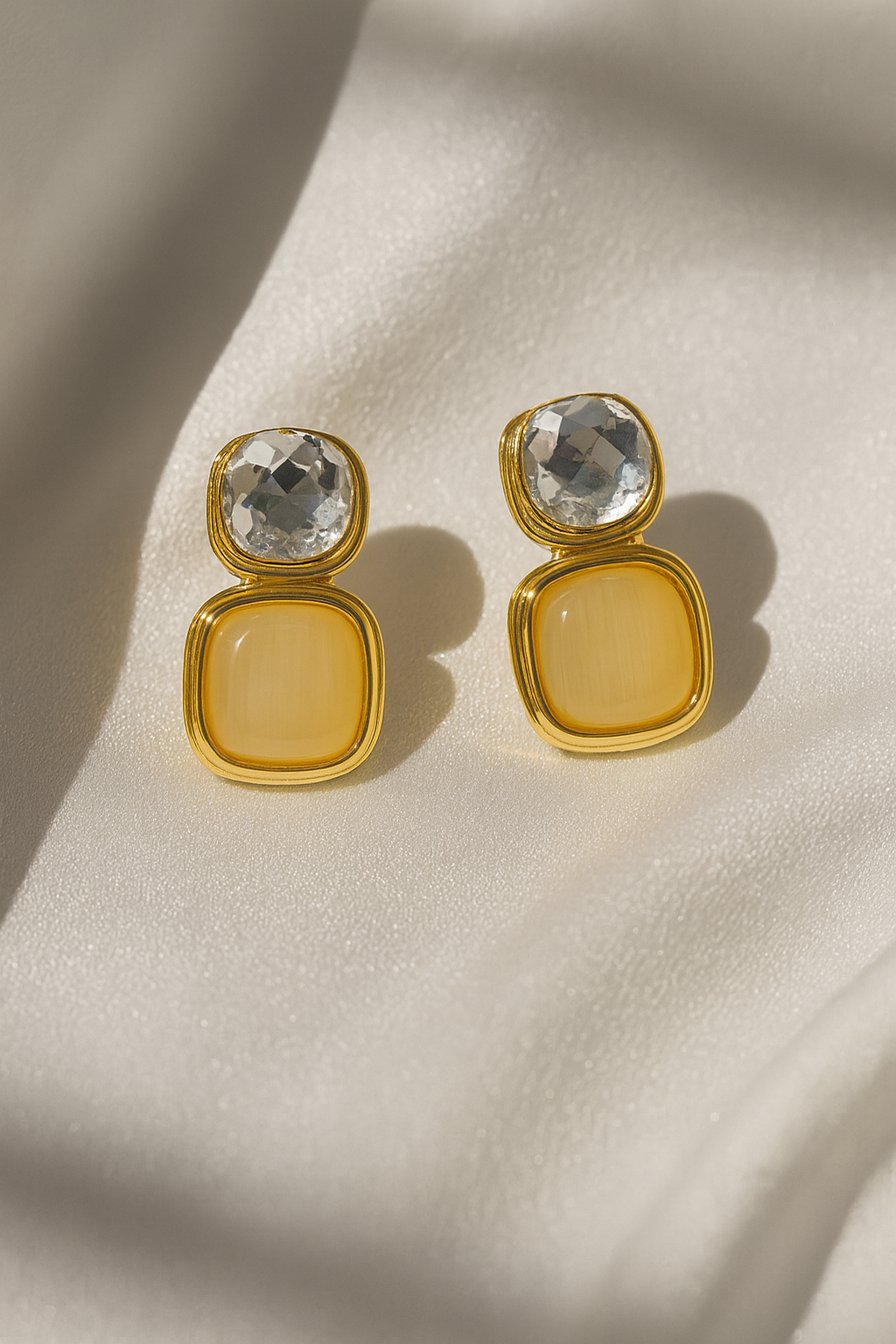 Jewello elegant gold-plated square design shimmering stone stud anti tarnish dangle Korean earring for women and girls.