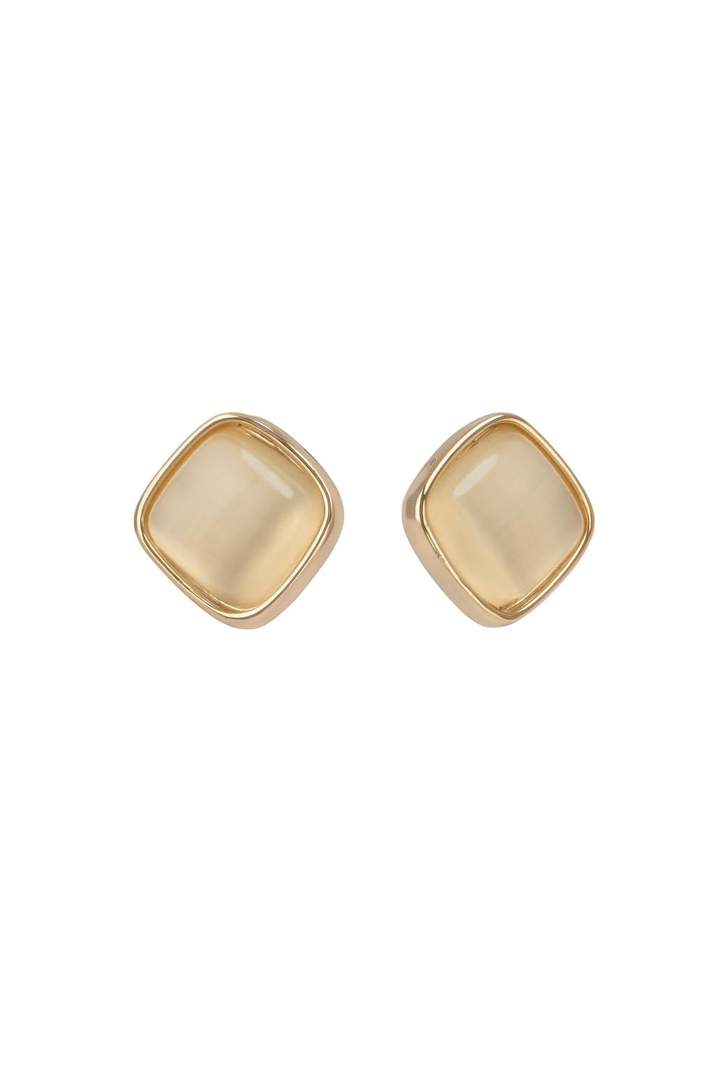 Jewello fancy gold plated square design and light pink stone stud anti tarnish Korean earring for women and girls.
