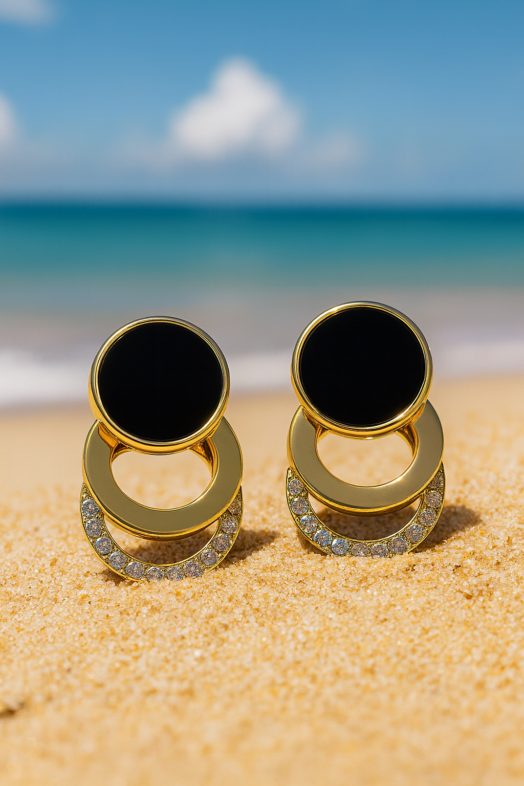 Jewello stylish sterling gold plated circle shape design with black stone and diamond stud anti tarnish Korean earring for women and girls.