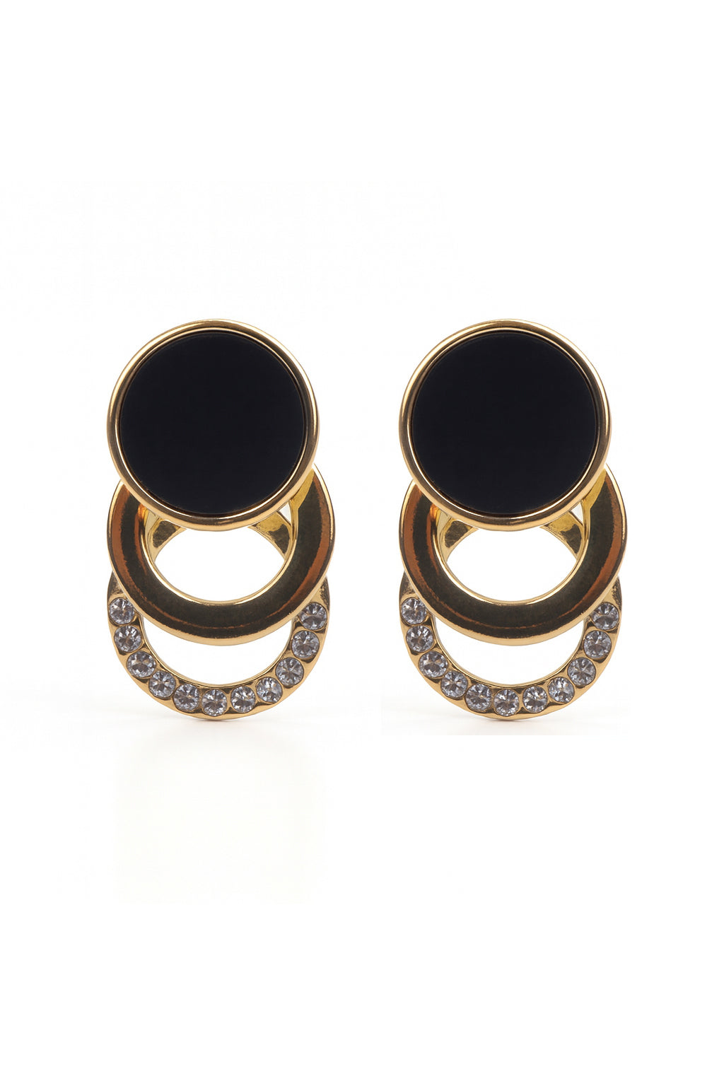 Jewello stylish sterling gold plated circle shape design with black stone and diamond stud anti tarnish Korean earring for women and girls.