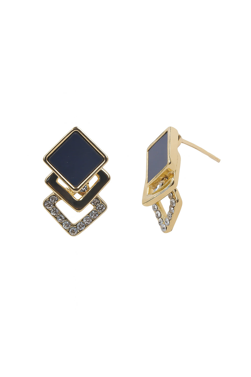 Jewello gold plated square design with radiant black stone and shimmering diamond stud sterling dangle Korean earring for women and girls.