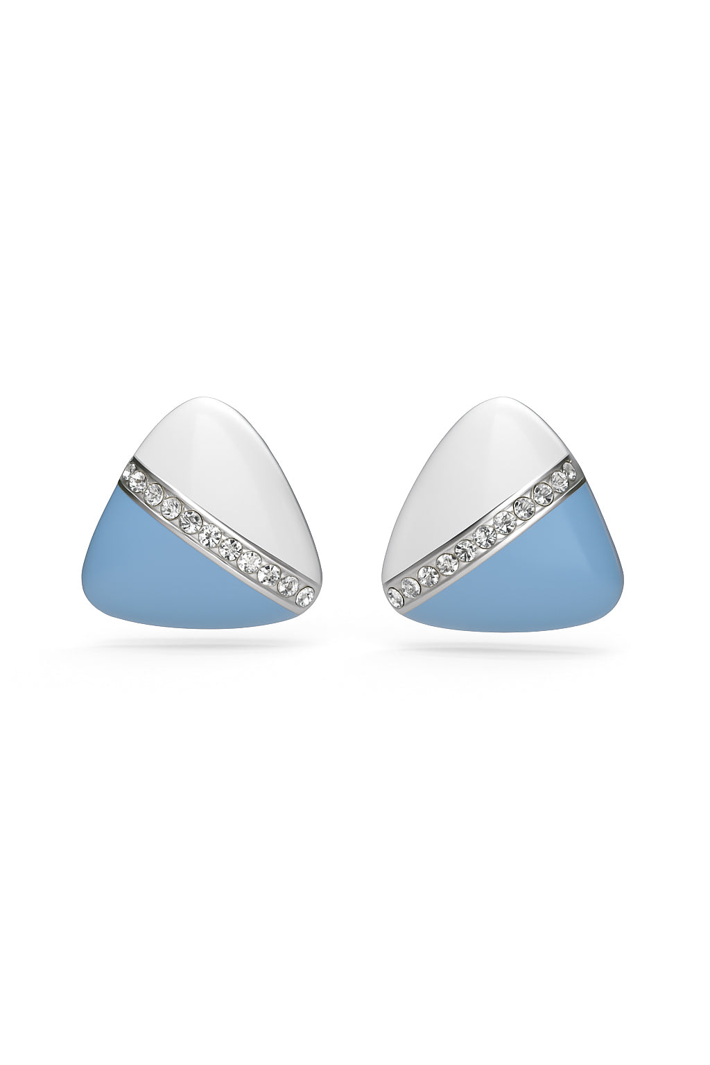 Jewello delicate triangle shape design with white sky-blue colour and shimmering white diamond stud Korean earring for women and girls. Daily wear earring, office wear earring. Party wear earring. Gift for her.