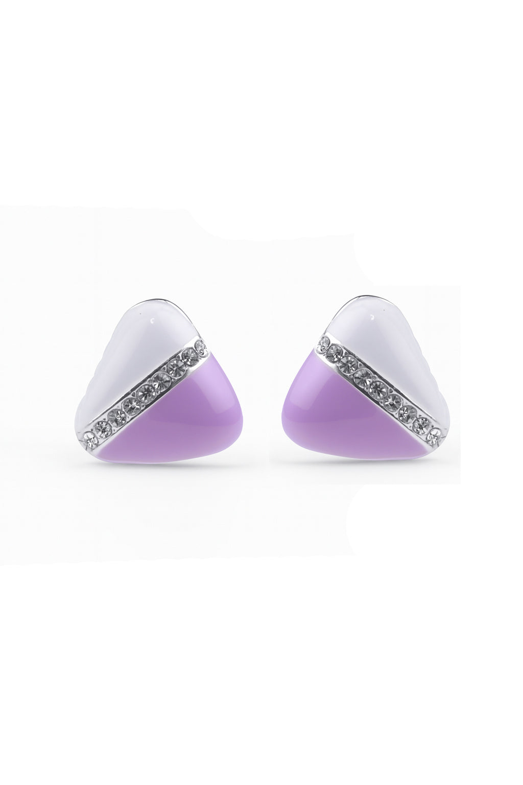 Jewello elegant triangle shape design with white purple colour and shimmering white diamond stud dainty Korean earring for women and girls. Daily wear earring. Office wear earring. Gift for her.
