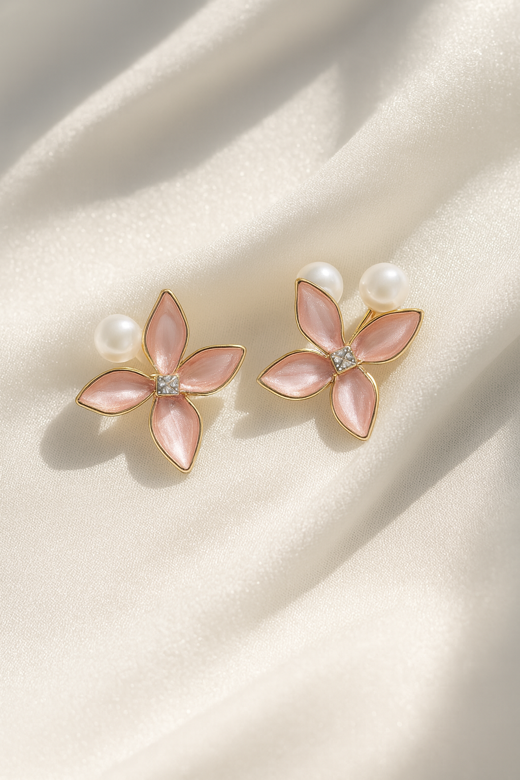 Jewello elegant gold-plated flower design pinkwith white pearl bead and stone stud dainty korean earring for women and girls. Gift for her.