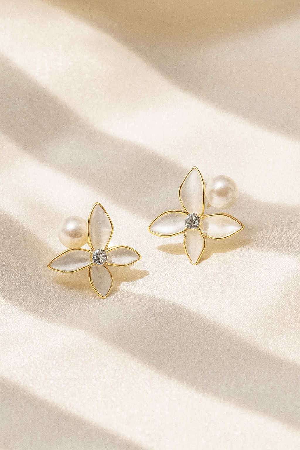 Jewello gorgeous gold-plated flower design white colour pearl bead and white stone stud anti tarnish dainty korean earring for women and girls. Daily wear earring, office wear earring. Gift for her
