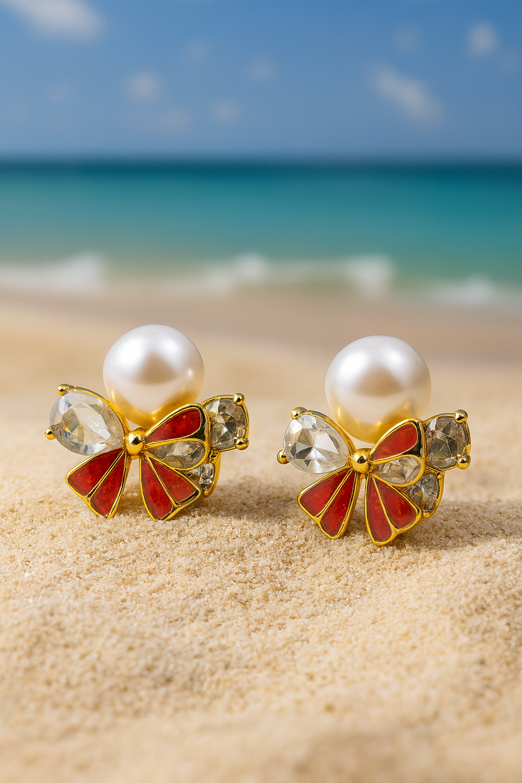 Jewello stylish floral design with red stone and shimmering pearl and stone stud dainty korean earring for women and girls. Gift for her.