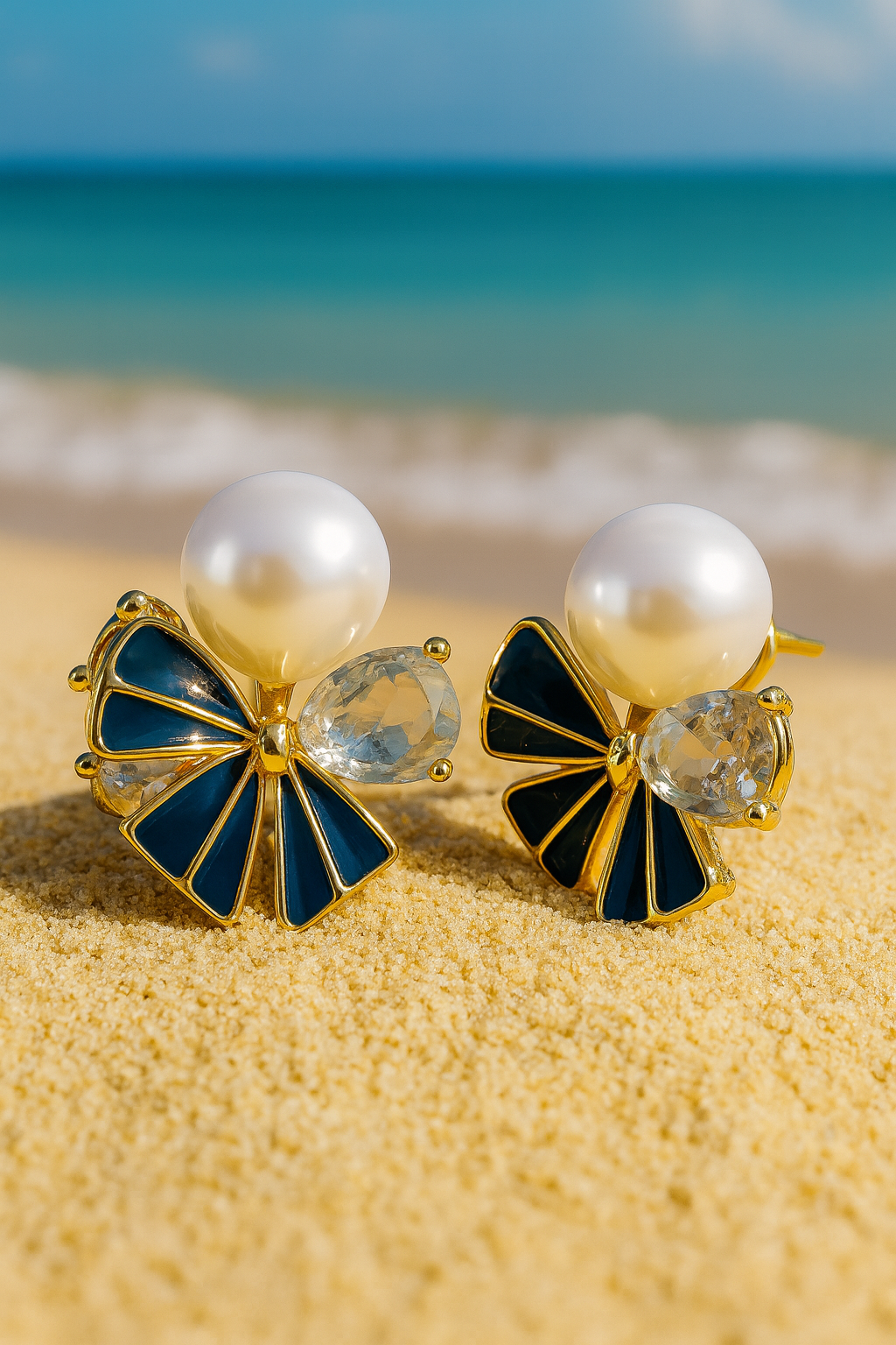 Jewello delicate floral design with black stone and pearl bead stud dainty korean earring for women and girls. Daily wear earring, office wear earring. Gift for her.