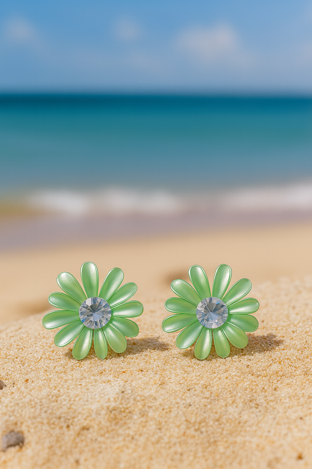 Jewello fancy light green flower design with shimmering white stone stud dainty korean earring for women and girls. Gift for her.
