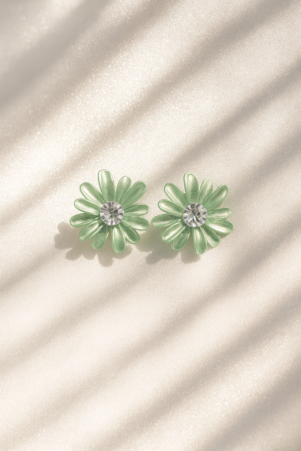 Jewello fancy light green flower design with shimmering white stone stud dainty korean earring for women and girls. Gift for her.
