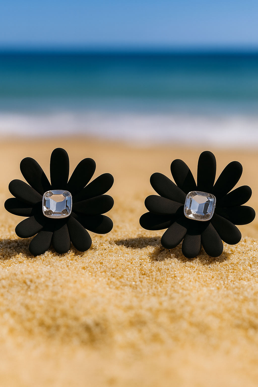 Jewello fashionable black flower design with shimmering white stone stud korean earring for women and girls. Gift for her.