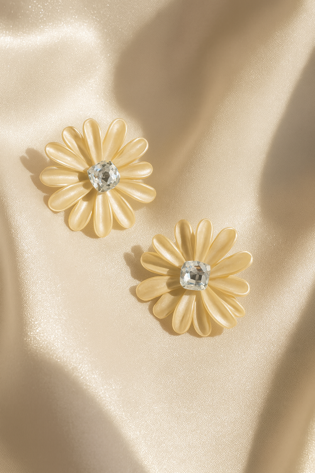 Jewello trendy yellow flower design with shimmering white stone stud sterling dainty korean earring for women and girls. Gift for her.