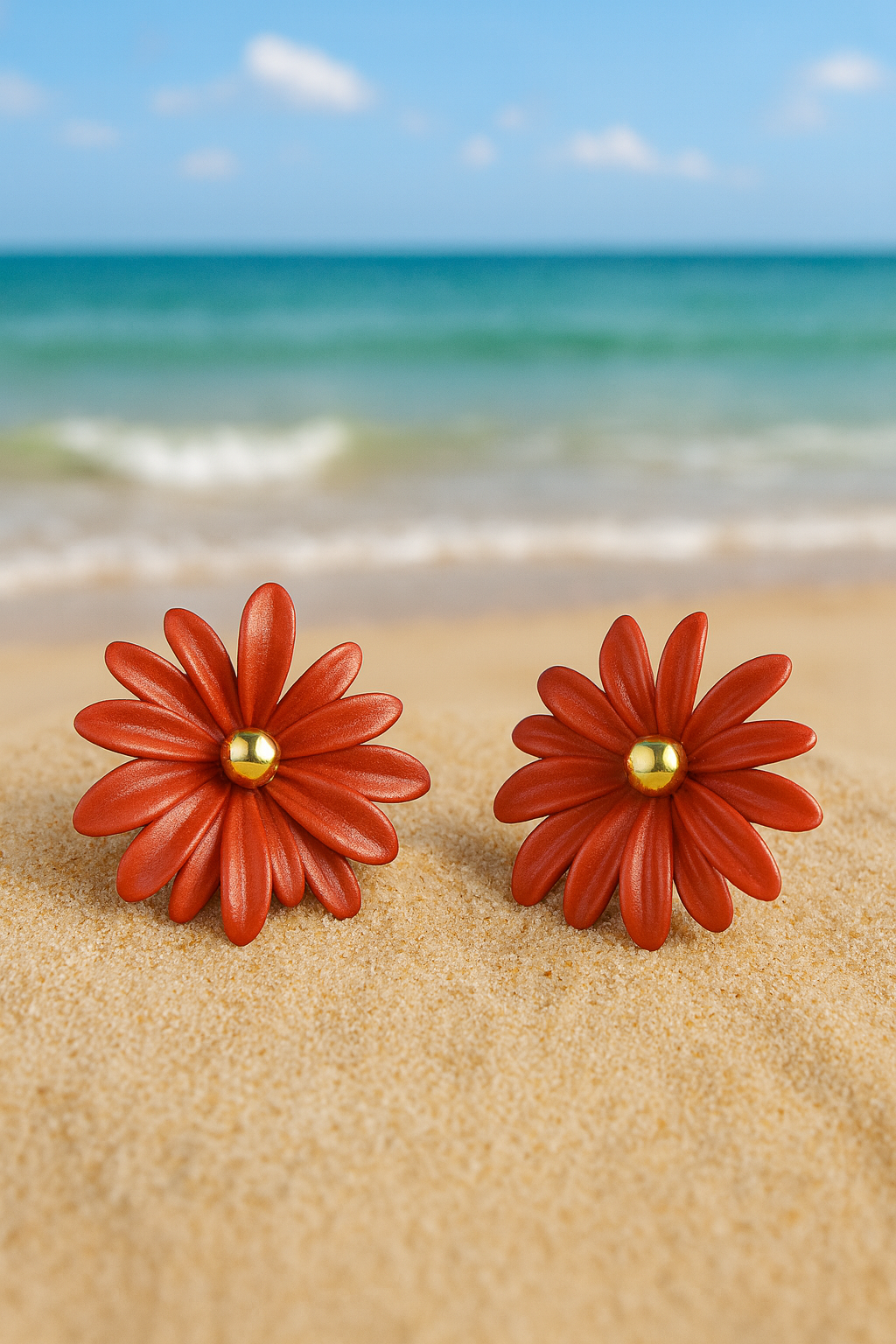 Jewello trendy orange flower design with golden bead stud dainty korean earring for women and girls. Gift for her.