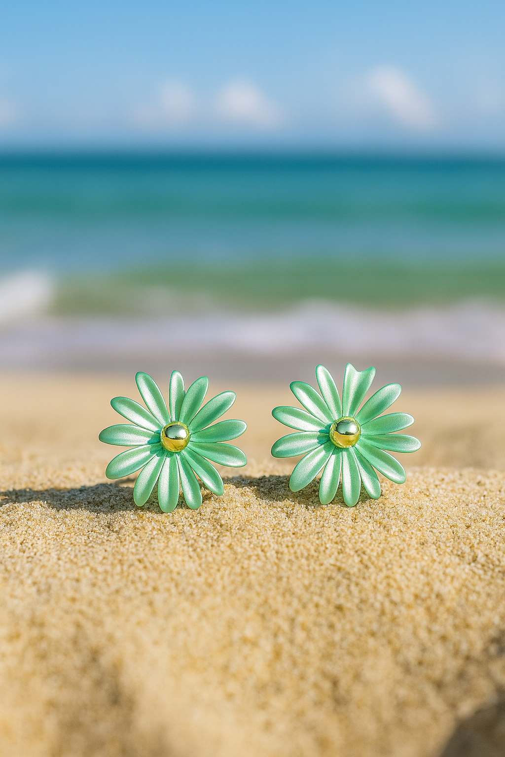 Jewello fancy green flower design with golden bead stud dainty korean earring for women and girls. Gift for her.