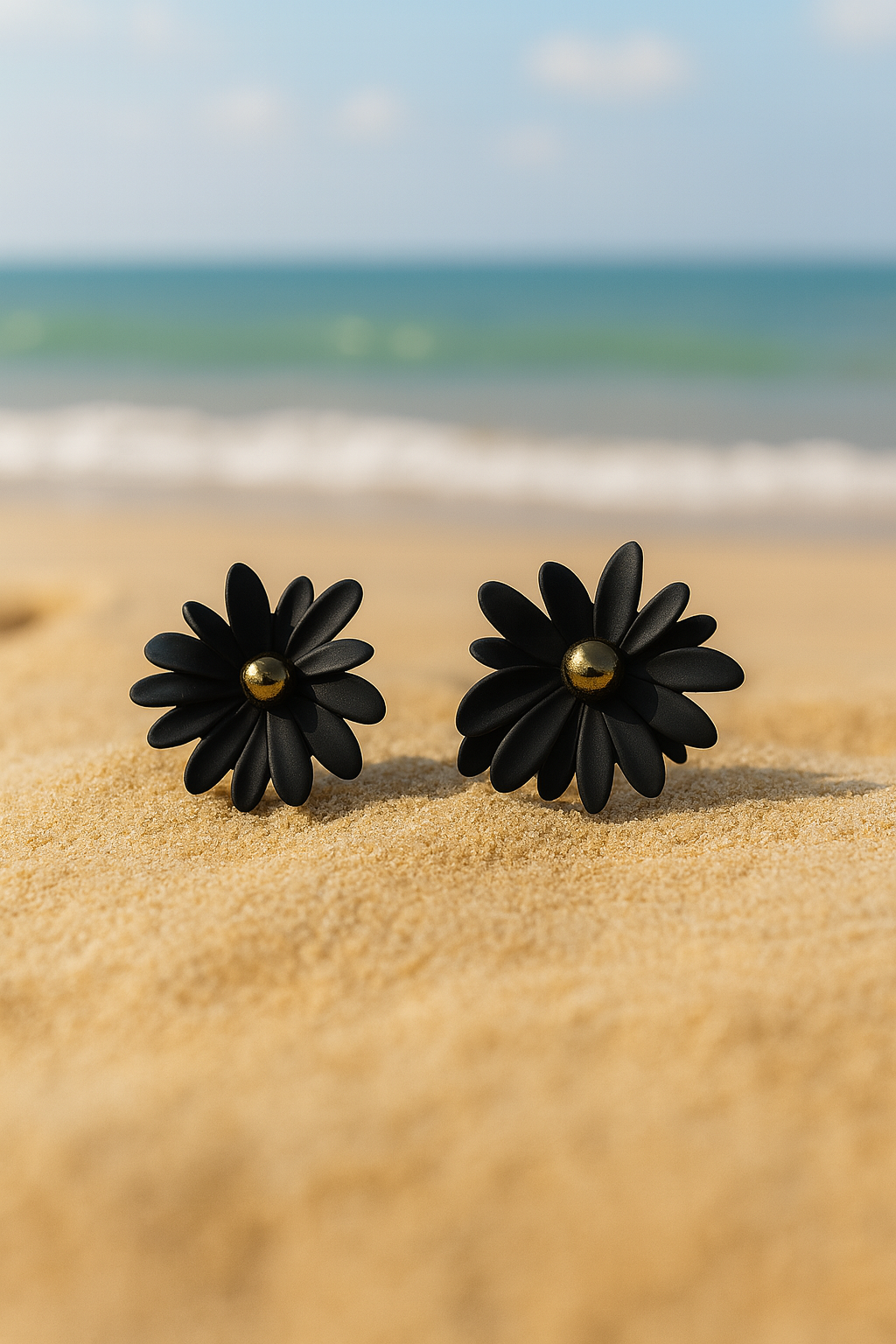 Jewello classic black flower design with golden bead stud dainty korean earring for women and girls. Gift for her.