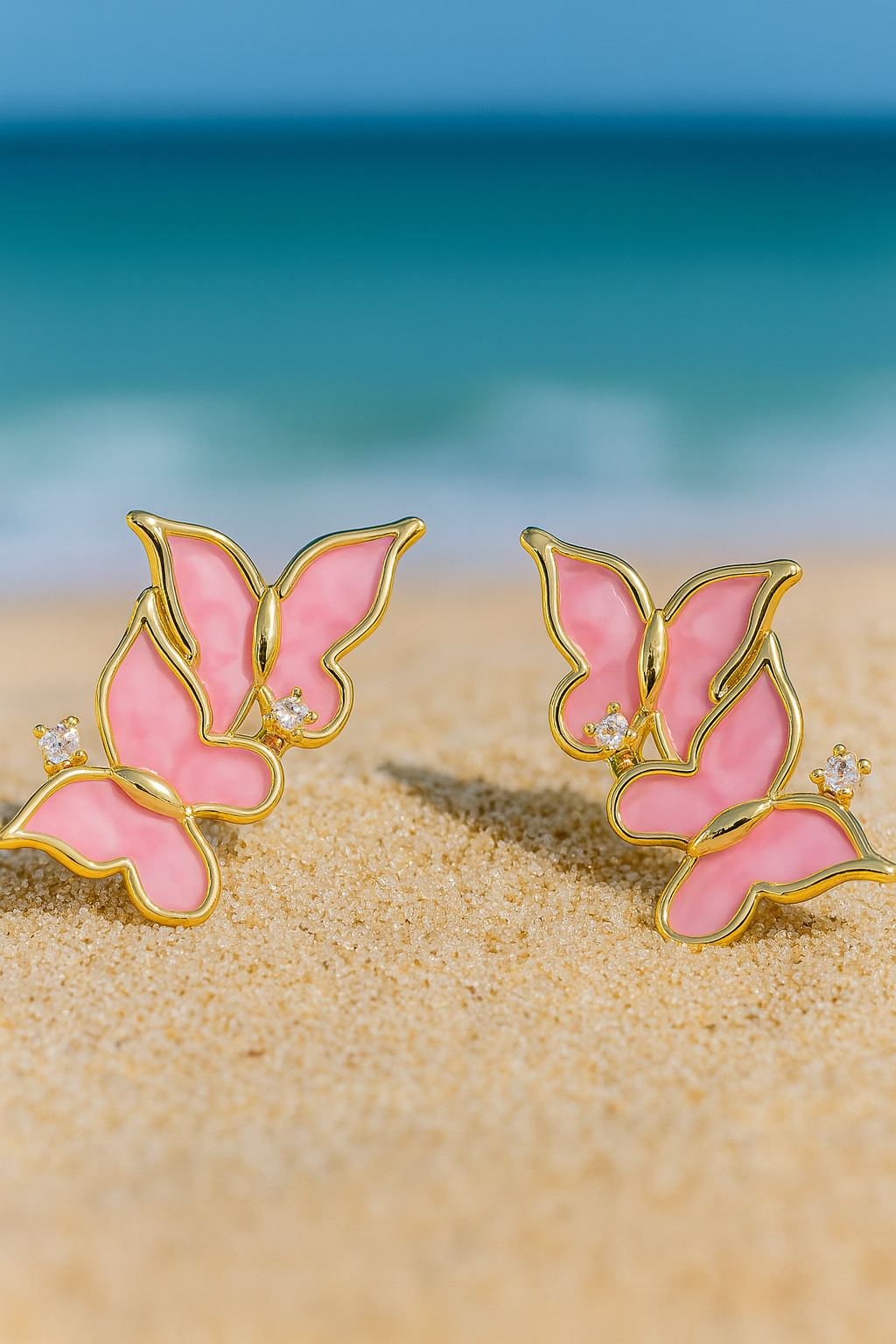 Jewello gold plated butterfly design pink stone stud dainty korean earring for women and girls. Gift for her.