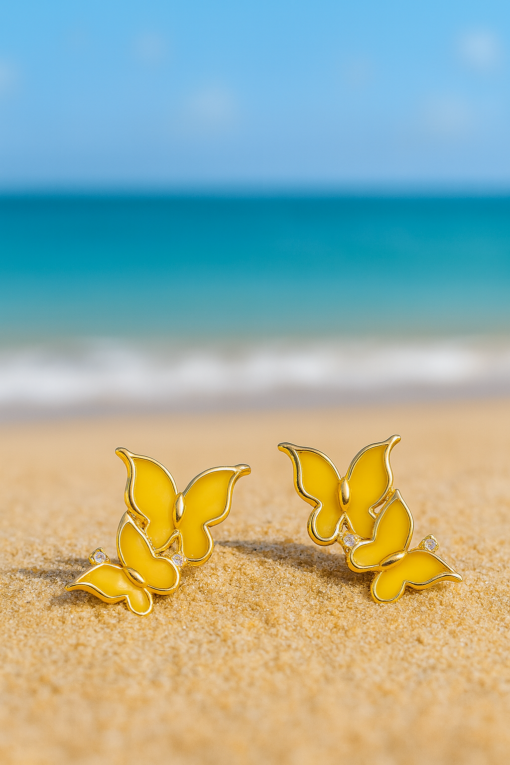 Jewello fancy gold plated butterfly design with yellow stone stud dainty korean earring for women and girls. Gift for her.