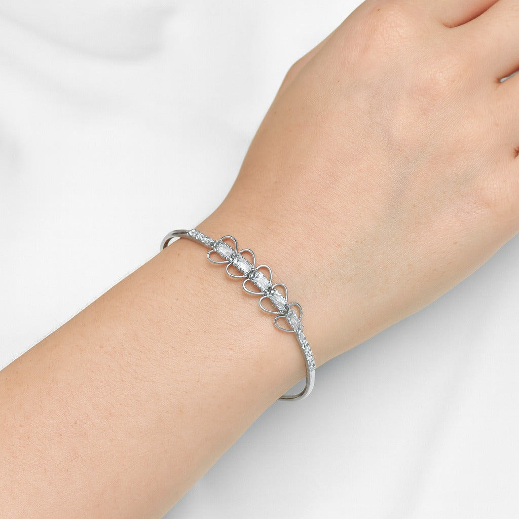jewello stylish silver plated with shimmering white stone stud Adjustable cuff bracelet for women and girls.