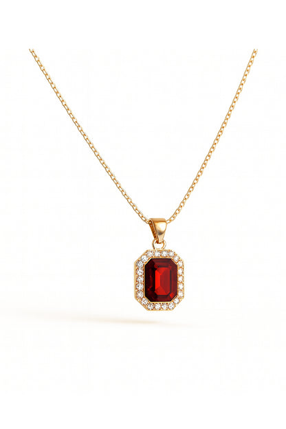 Jewello's delicate gold-plated red colour cubic zirconia stud chain pendant, earring and finger ring set for women and girls.
