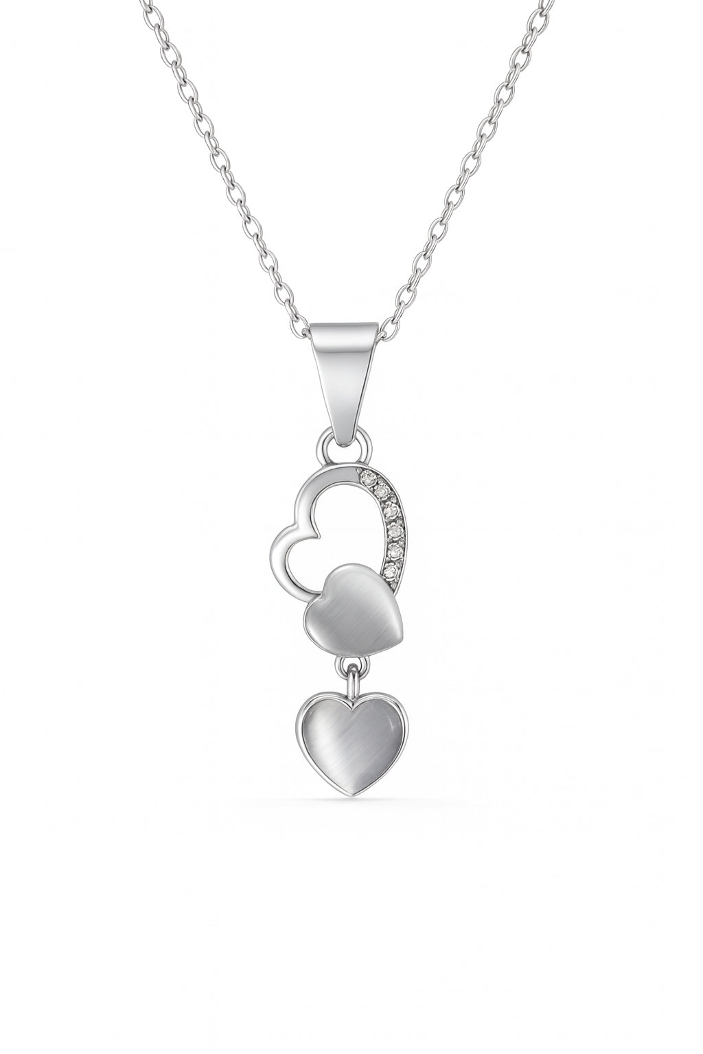 Jewello trendy silver-plated heart design with white stone stud chain pendant set for women and girls.